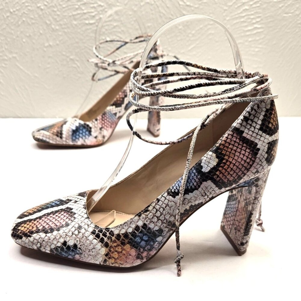 Vince Camuto Multicolor Snake-Print Lace-Up Block Heel Pumps